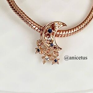 NWOT S925 Sterling Silver Rose Gold Star & Moon Blue & White CZ Charm